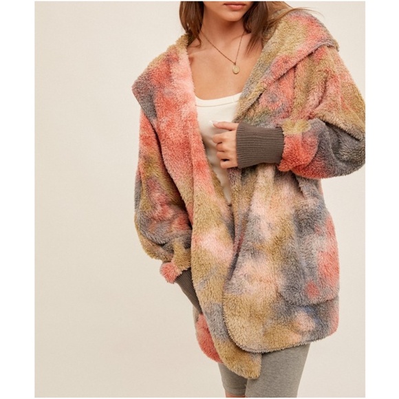 Cozy Tie Dye Teddy Open Front Oversized Hoodie Jacket